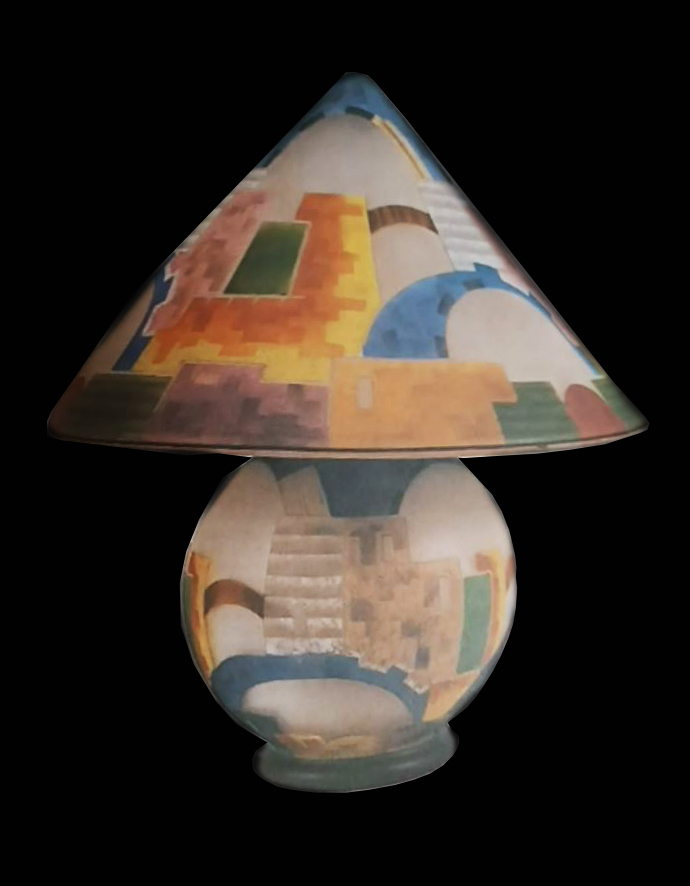 Polychrome overlay glass lamp with lightly etched cameo decoration, Czechoslovakia 1920s. Height: 38cm (15in)